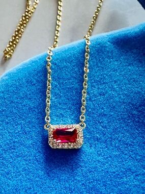 Dainty Gold Over 925 Simulated Emerald Cut Ruby Necklace
